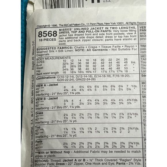 McCalls 8568 Sewing pattern dress jacket top pants size 14 16 18 - Picture 4 of 8